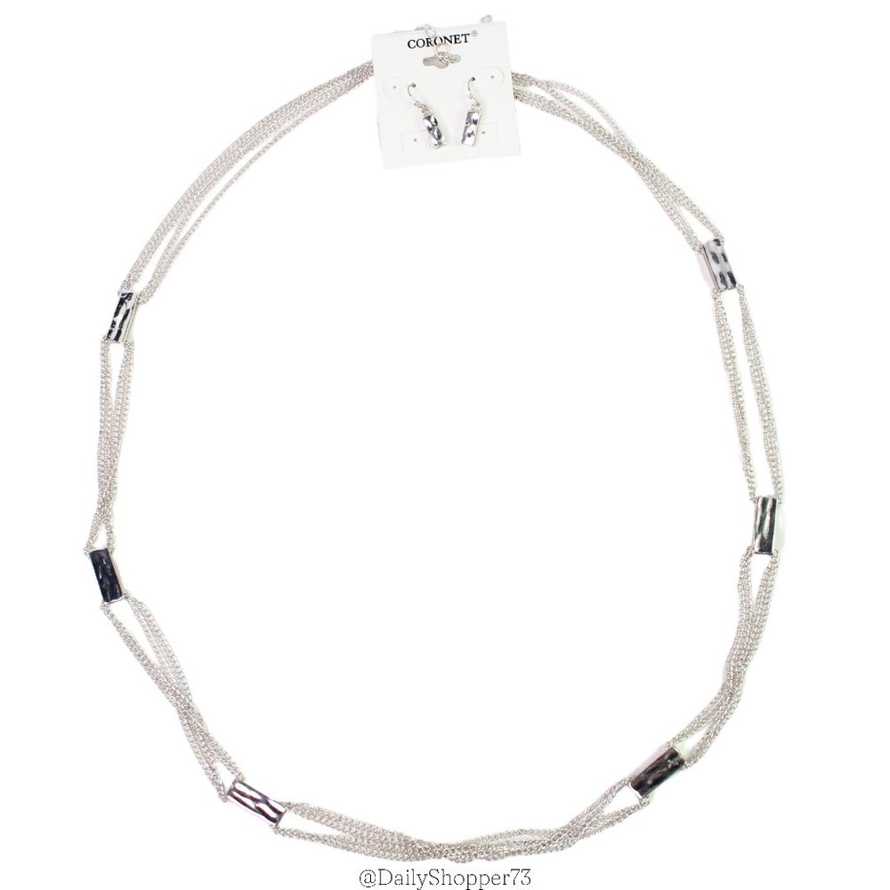 Vintage Coronet Women's Hammered Silver Tone Bar Chain Necklace & Earrings Set